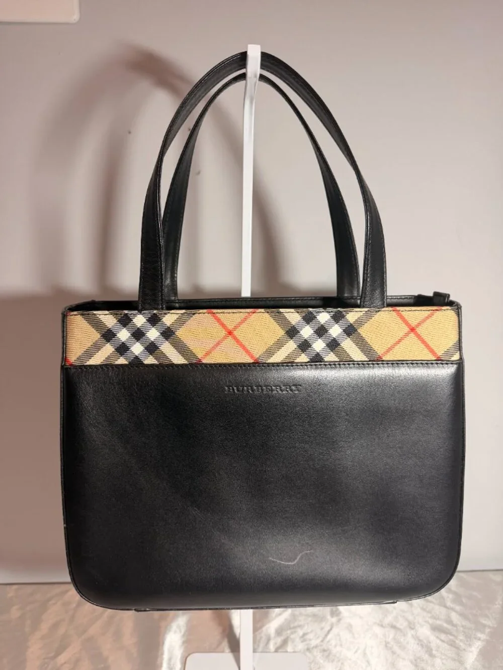 Burberry Black Leather Mini Tote Bag with Nova Check Trim